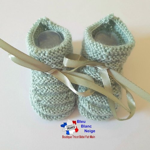 Chaussons 1mois godron vert limonade calinou pour bébé à ruban tricot bébé modèle layette bb tricoté main sur commande