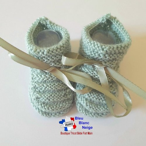 Chaussons 6 mois godron vert limonade calinou pour bébé à ruban tricot bébé modèle layette bb tricoté main sur commande