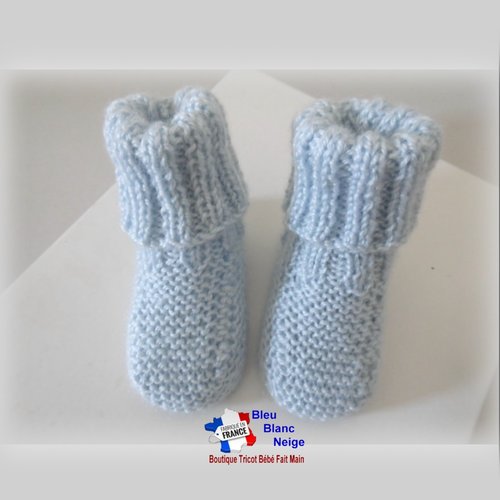 Chaussons naissance chaussettes bleu azur calinou pour bébé mixte à revers côtes modèle layette bb tricoté main sur commande