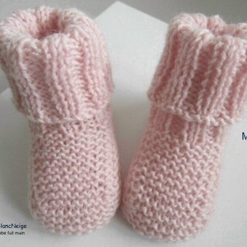 Chaussons chaussettes, 6mois, mérinos, rose poudre, à revers, tricot bebe, layette, bb, modèle sur commande