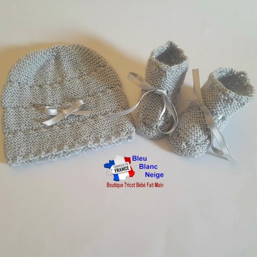 Bonnet bebe et chaussons, naissance, duo gris comète rayé astra, tricote main, tricot bb fille, layette, modèle sur commande
