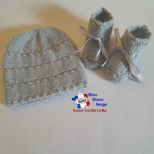 Bonnet bebe et chaussons, naissance mixte, duo gris comète rayé astra, tricote main, tricot bb, layette, modèle sur commande
