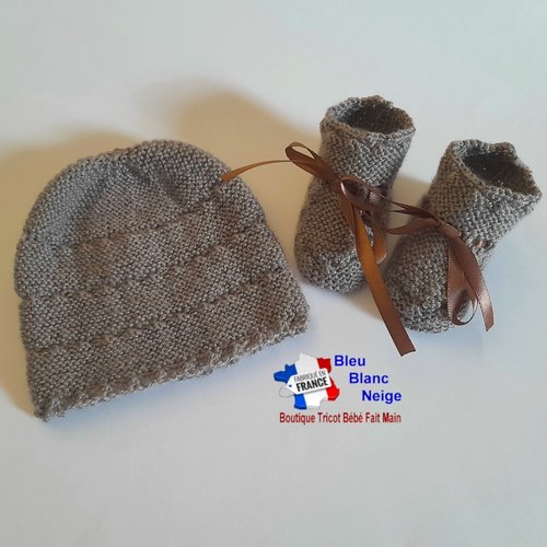 Bonnet bebe et chaussons, 1 mois duo marron ourson rayé astra, tricote main, tricot bb, layette, modèle sur commande