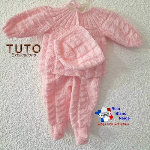 Tuto tu-198 – naissance explications brassière, béguin et pantalon layette bébé patron à tricoter tuto bb