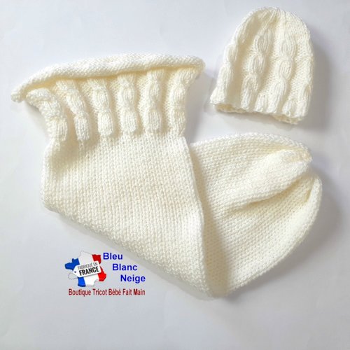 Cocon de naissance 0-1 mois et bonnet, chaussette d'emmaillotage avec torsades écru clair laine acrylique sur commande