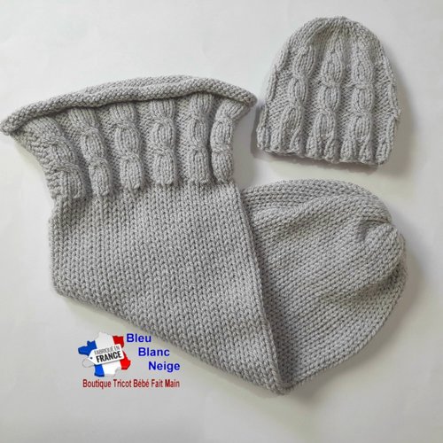 Cocon de naissance 0-1 mois et bonnet, chaussette d'emmaillotage avec torsades gris laine acrylique