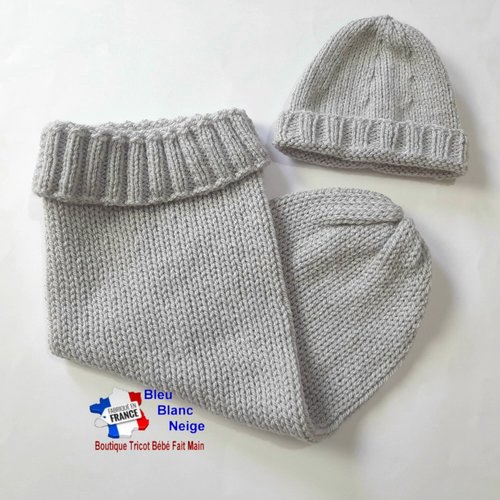 Cocon de naissance 0-1 mois et bonnet, chaussette d'emmaillotage avec côtes 2/2 gris laine acrylique sur commande