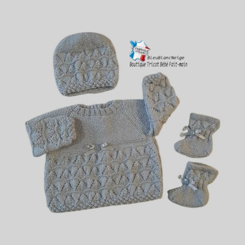 Ensemble 6 mois brassière, bonnet et chaussons gris comète tricotés main, layette tricot bb fait main, modèle