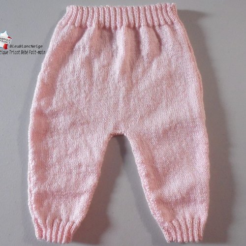 Pantalon 3 mois rose barbapapa tricoté main, modèle layette tricot bébé, fait main bb laine