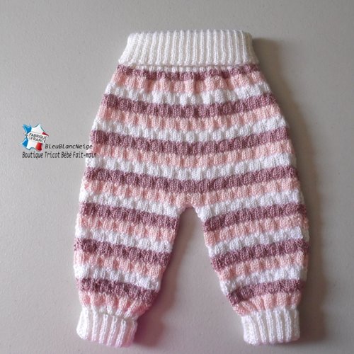 Pantalon 1 mois, 3 couleurs laine calinou, blanc et rose en  layette bb modèle tricot bébé tricoté main