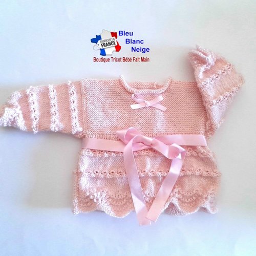 Brassière naissance rose barbapapa, à ruban laine calinou bergère de france,  tricot bebe, layette bb