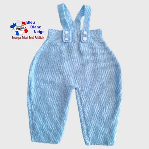 Salopette pantalon 1 mois bleu ciel point de riz à bretelles, salopette tricot bébé,  layette bb tricotée main