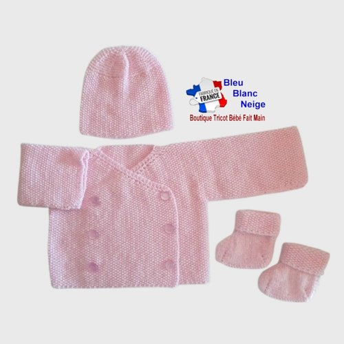 Ensemble naissance rose fille point de riz brassière, bonnet et chaussons tricot bébé,  layette bb tricotée main