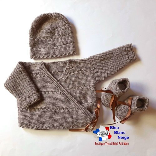 Ensemble 1 mois brassière croisée, marron ourson, mixte, bonnet et chaussons, bébé laine, tricot bebe, layette bb