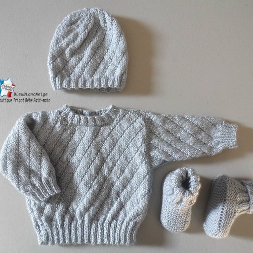 Ensemble naissance, brassière, bonnet et chaussons diagonal gris, tricot bb, modèle layette bébé tricoté main
