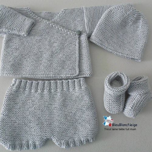 Ensemble préma - naissance ou bébé reborn ou poupon brassière, bonnet, chaussons, bloomer coton fifty gris