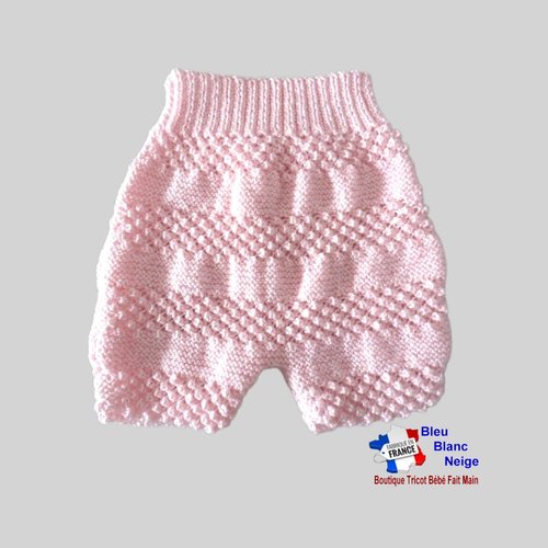 Bloomer bébé, 3 mois, short bb, mousse et astrakan, calinou  rose layette tricot bb modèle sur commande
