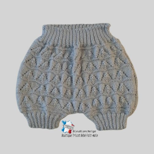 Bloomer ou culotte 1 mois, cache-couche, gris comète modèle layette tricot bébé fait main