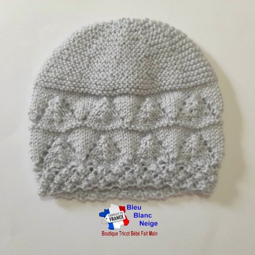 Bonnet bebe naissance gris comète modèle layette tricoté main