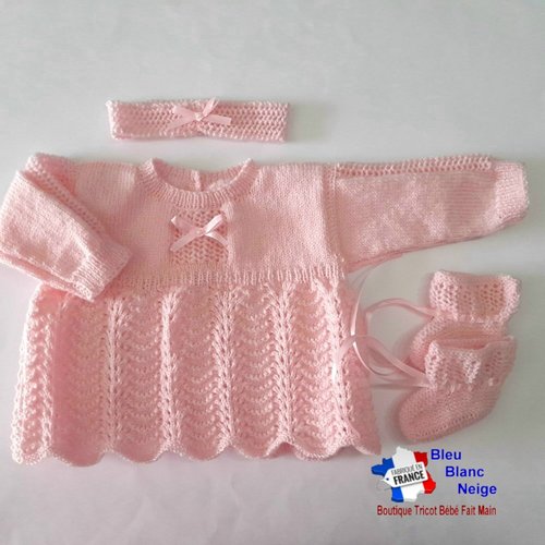 Ensemble 3 mois robe, bandeau et chaussons rose modèle layette tricot bébé tricoté main