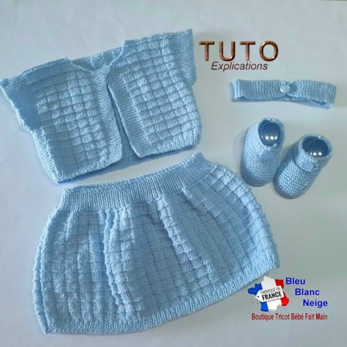 Tu-218 – 6 mois, cardigan, jupe, bandeau et chaussons explications en français layette à tricoter patron bébé