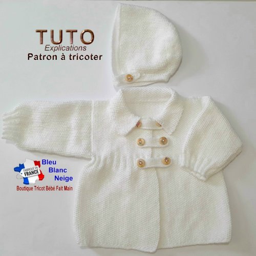 Patron tricot bébé 1 mois pdf – tu-230 – cardigan et béguin layette à tricoter