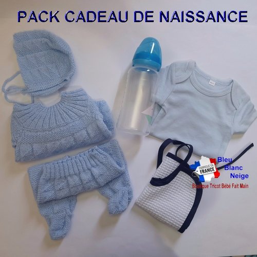 Tricot bébé naissance - bleu - pack cadeau - brassière béguin pantalon - layette tricotée main