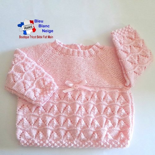 Brassière tricot bébé 6 mois rose fille - laine certifiée oeko-tex - tricotée main