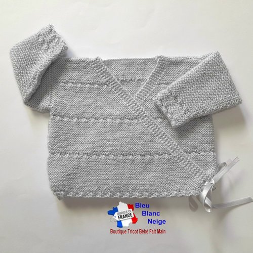 Brassière croisée 1 mois mixte - grise - en laine certifiée oeko-tex - layette tricotée main
