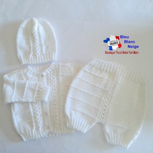 Ensemble tricot bébé 6 mois - gilet bonnet et bloomer ou culotte - laine certifiée oekotex