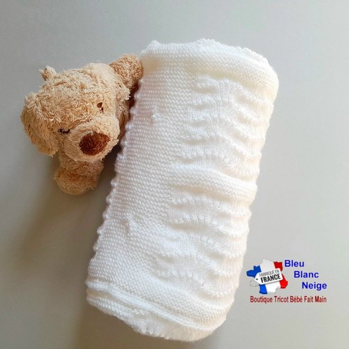 Couverture tricot bébé 62 x 72 cm - blanche - laine certifiée oekotex