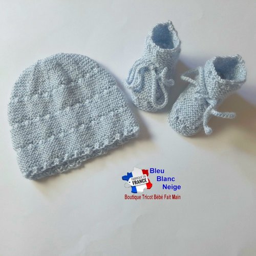Bonnet chaussons 1 mois tricot bébé - azur - layette tricotée main - cadeau de naissance