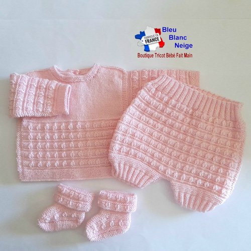 Brassière tricot bébé 1 mois - bloomer - chaussons - rose fille - en laine certifiée oeko-tex - tricotés main
