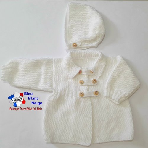 Cardigan tricot bébé 3 mois et béguin - laine certifiée oeko-tex - tricoté main - cadeau de naissance