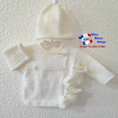 Brassière tricot bébé 3 mois bonnet chaussons - laine certifiée oeko-tex - tricoté main