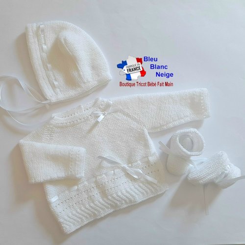 Ensemble tricot bébé 3 mois - avec ruban satin en laine certifiée oeko-tex - layette tricotée main