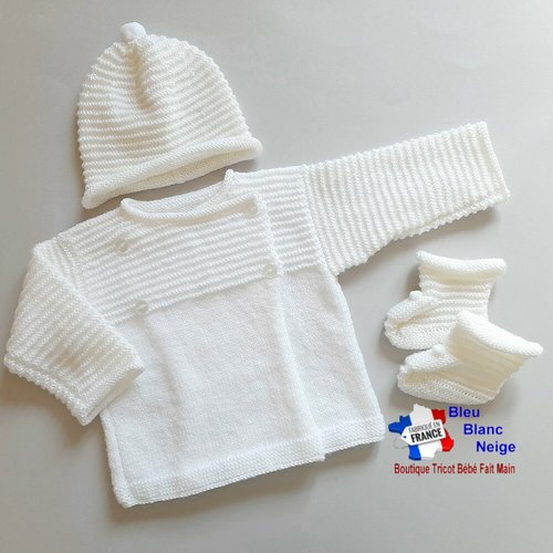 Brassière tricot bébé 3 mois bonnet chaussons - laine certifiée oeko-tex - tricoté main