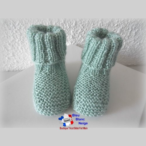 Chaussons 1mois chaussettes vert limonade revers côtes - en laine certifiée oeko-tex - tricotés main - sur commande