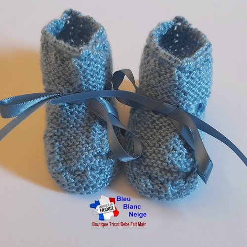 Chaussons bebe naissance, rayés astra, bleu charron en laine certifiée oeko-tex - tricotés main