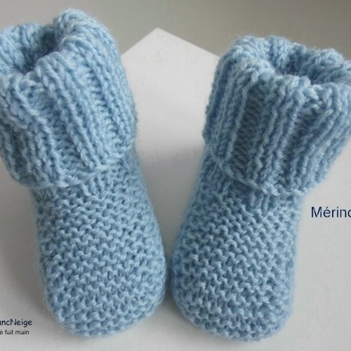 Chaussons chaussettes, naissance, mérinos, bleu ciel - tricotés main