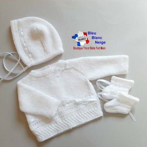 Ensemble tricot bébé 1 mois - avec ruban satin en laine certifiée oeko-tex - layette tricotée main