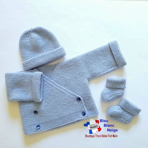 Ensemble tricot bébé 1 mois - coloris bleu - en laine certifiée oeko-tex - layette tricotée main