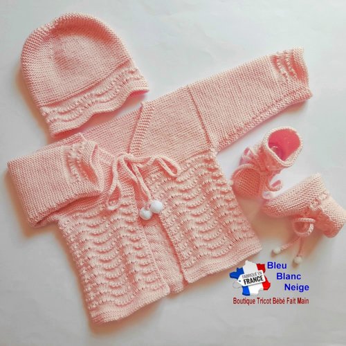Ensemble tricot bébé 3 mois - rose à pompons en laine certifiée oeko-tex - layette tricotée main
