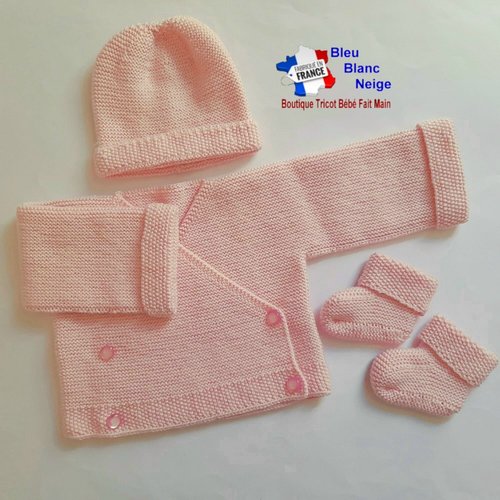 Ensemble tricot bébé 3 mois - rose à boutons en laine certifiée oeko-tex - layette tricotée main