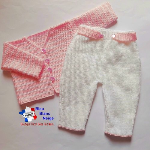 Ensemble tricot bébé 1 mois - brassière et pantalon - laine certifiée oeko-tex - layette tricotée main