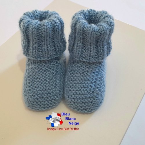 Chaussons 1mois chaussettes bleu clair calinou pour bébé mixte à revers côtes modèle layette bb tricoté main