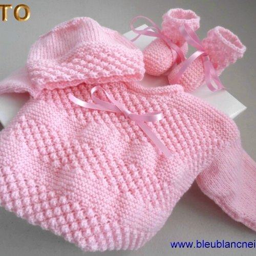 Tuto tu-015 - 1 mois –fiche tricot bébé, explications complètes, brassière, bonnet, chaussons, tricot bebe, layette bb