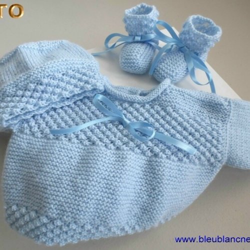 Tuto tu-017 - 6 mois – fiche tricot bébé, explications complètes, brassière, bonnet, chaussons, tricot bebe, layette bb