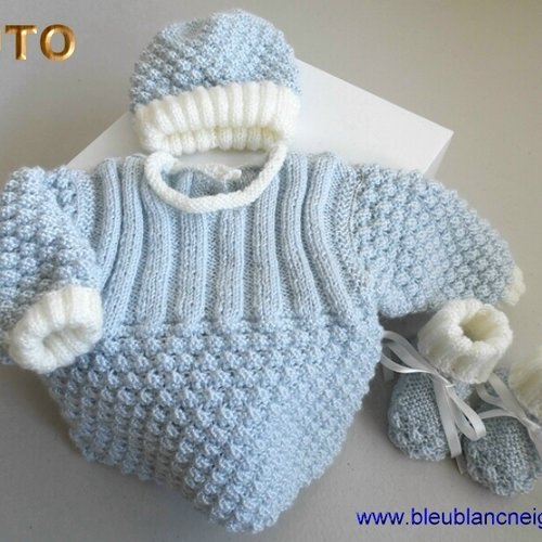 Tuto tu-425 – 3 tailles sur le même pdf - fiche tricot bébé , explications brassière bonnet chaussons tuto modèle à tricoter