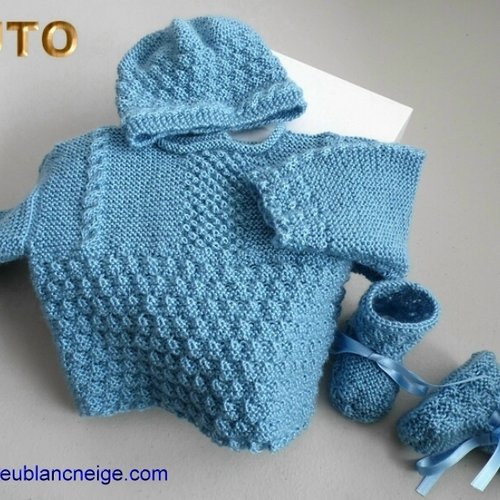 Tuto tu-029 – 01 mois – fiche tricot bébé, explications complètes, brassière, bonnet, chaussons, tricot bebe, layette bb